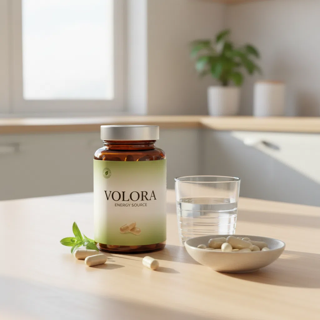 Volora Energy Source -purkki kirkkaan keittiöpöydän päällä lasin ja manteleita sisältävän kulhon vieressä